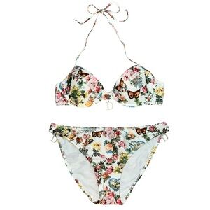 AUTH VTG Christian Dior Floral Rose Garden Butterfly Print Bikini Swimsuit Set